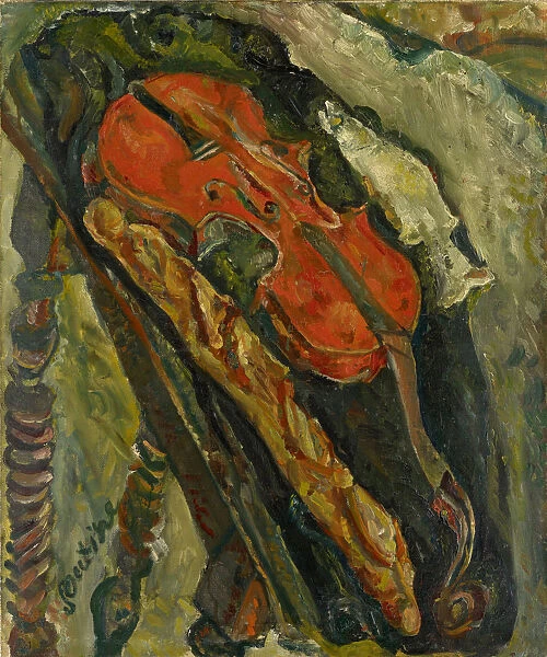 Nature morte au violon, pain et poisson (Still life with violin, bread and fish), c