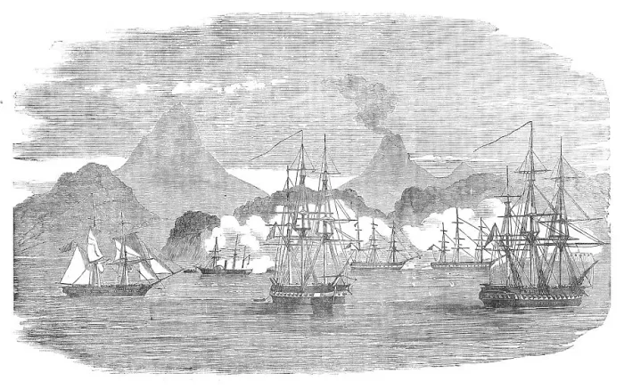 Framed Print : Naval Attack on the Russian Fort of Petropaulovski, 1854. Creator: Unknown Framed Print : Naval Attack on the Russian Fort of Petropaulovski, 1854. Creator: Unknown