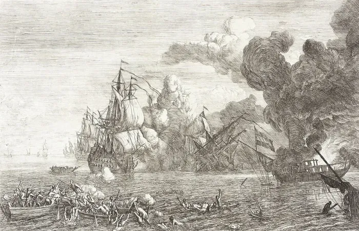 Framed Print : Naval Battle, 1753. Creator: Adriaen Manglard Framed Print : Naval Battle, 1753. Creator: Adriaen Manglard