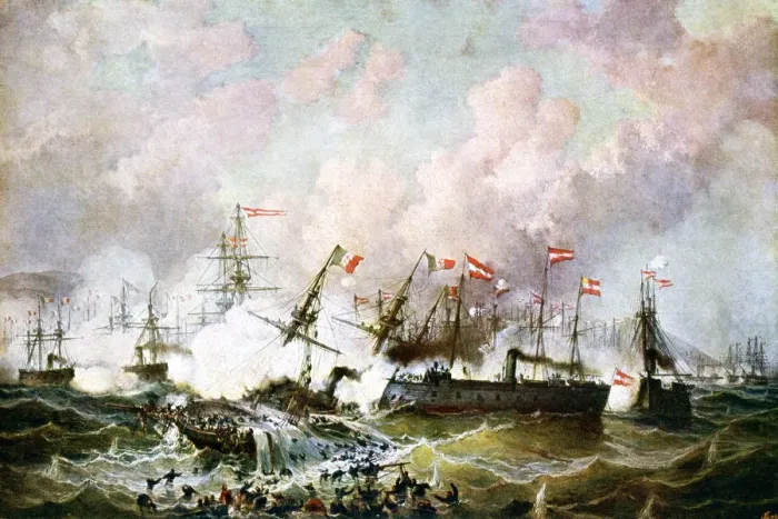 Framed Print : Naval battle between the Austrian and Italian fleets, 1866, (19th Century). Artist: Josef Karl Berthold Puttner Framed Print : Naval battle between the Austrian and Italian fleets, 1866, (19th Century). Artist: Josef Karl Berthold Puttner