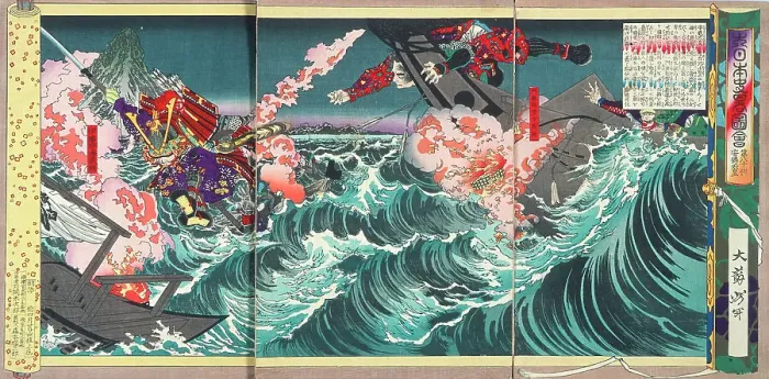 Framed Print : The Naval Battle of Dannoura in the Reign of Antoku, Eightieth Emperor, 1880. Creator: Tsukioka Yoshitoshi Framed Print : The Naval Battle of Dannoura in the Reign of Antoku, Eightieth Emperor, 1880. Creator: Tsukioka Yoshitoshi