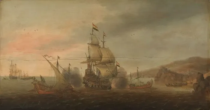 Framed Print : Naval Battle between Dutch Men-of-War and Spanish Galleys, c.1633-c.1650. Creator: Cornelis Boel Framed Print : Naval Battle between Dutch Men-of-War and Spanish Galleys, c.1633-c.1650. Creator: Cornelis Boel