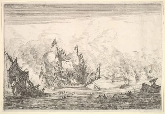 Framed Print : Naval Battle with an English Ship Foundering on the Left, from Naval Battles (Nieuwe Sc Framed Print : Naval Battle with an English Ship Foundering on the Left, from Naval Battles (Nieuwe Sc