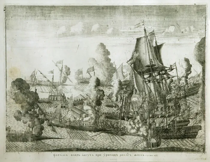 Framed Print : The naval Battle of Gangut on July 27, 1714, 1715. Artist: Zubov, Alexei Fyodorovich (1682-after 1750) Framed Print : The naval Battle of Gangut on July 27, 1714, 1715. Artist: Zubov, Alexei Fyodorovich (1682-after 1750)