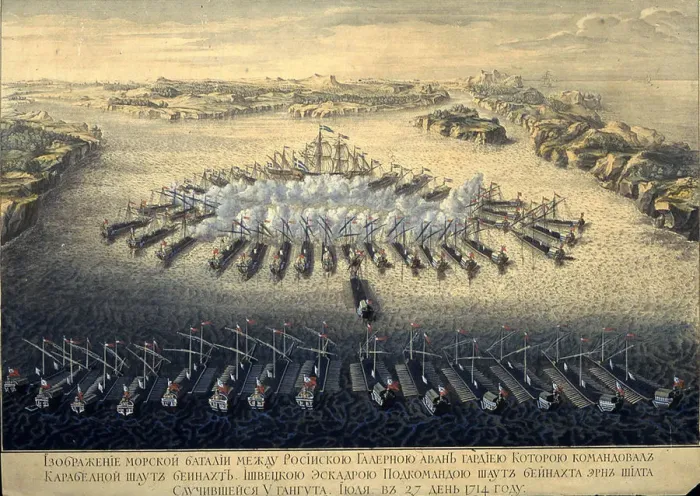 Framed Print : The naval Battle of Gangut on July 27, 1714, 1724. Artist: Baquoi, Maurice (active 1720s) Framed Print : The naval Battle of Gangut on July 27, 1714, 1724. Artist: Baquoi, Maurice (active 1720s)