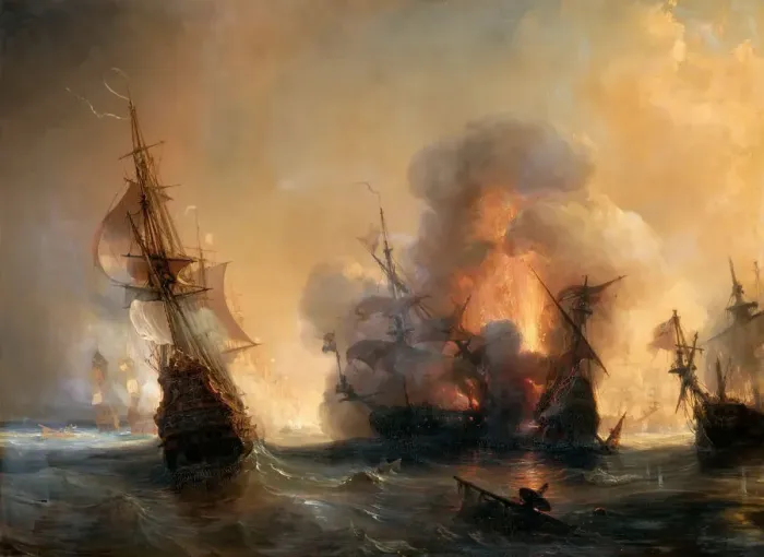 Framed Print : The Naval Battle of Lagos on 27 June 1693. Artist: Gudin, Theodore (1802-1880) Framed Print : The Naval Battle of Lagos on 27 June 1693. Artist: Gudin, Theodore (1802-1880)