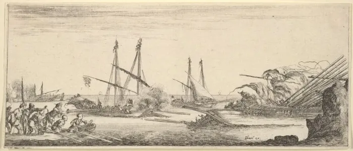 Framed Print : A naval battle, a rowboat full of men to left, a sinking ship to right, two galleys ba Framed Print : A naval battle, a rowboat full of men to left, a sinking ship to right, two galleys ba
