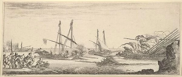 A naval battle, a rowboat full of men to left, a sinking ship to right, two galleys ba