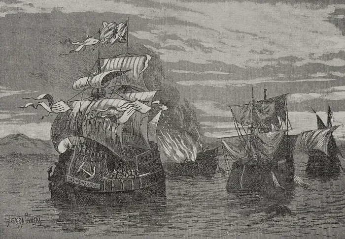 Framed Print : Naval battle of Sant Feliu de Guixols, 1285, (1890). Creator: Joan Serra y Pausas Framed Print : Naval battle of Sant Feliu de Guixols, 1285, (1890). Creator: Joan Serra y Pausas