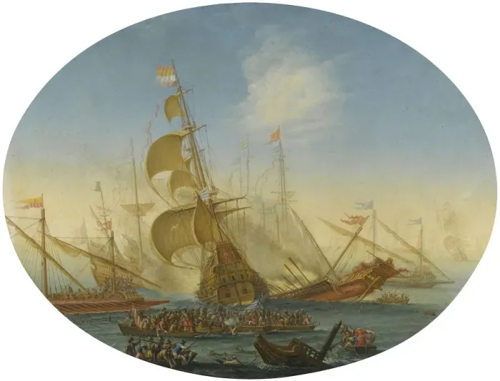 Framed Print : A naval battle between Turks and Christians. Artist: Grevenbroeck, Orazio (1670-1730) Framed Print : A naval battle between Turks and Christians. Artist: Grevenbroeck, Orazio (1670-1730)