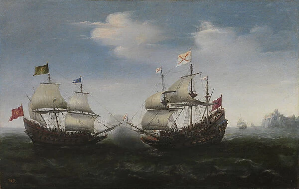 Naval combat against a rocky shore, 1627. Artist: Vroom, Hendrick Cornelisz. (1562  /  3-1640)