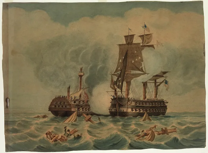 Framed Print : Naval Engagement between American and British Men-of-War, c1850. Creator: LA Briggs Framed Print : Naval Engagement between American and British Men-of-War, c1850. Creator: LA Briggs