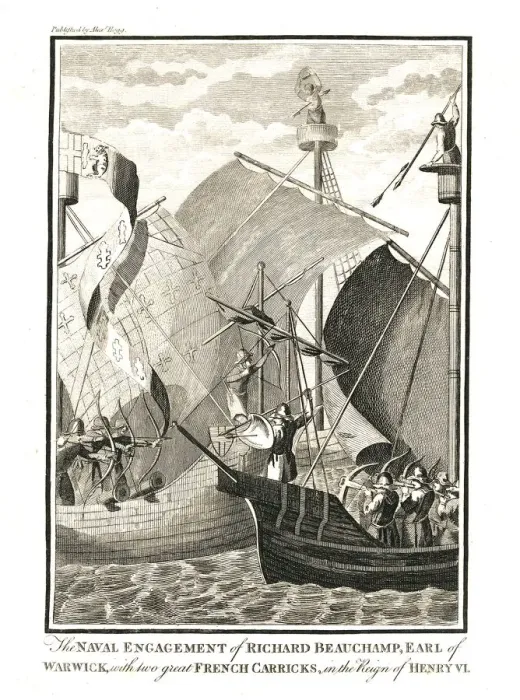 Framed Print : Naval Engagement against two great French Carricks by Richard Beauchamp Earl of Warwick in the reign Framed Print : Naval Engagement against two great French Carricks by Richard Beauchamp Earl of Warwick in the reign