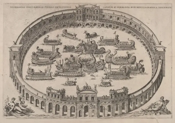 Framed Print : Naval engagement set inside a Roman arena, with the river Tiber and nymphs at lower lef Framed Print : Naval engagement set inside a Roman arena, with the river Tiber and nymphs at lower lef