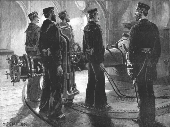 Framed Print : The Naval Manoeuvres - Torpedo Drill on board an Ironclad: Ready !, 1891. Creator: Charles Joseph Staniland Framed Print : The Naval Manoeuvres - Torpedo Drill on board an Ironclad: Ready !, 1891. Creator: Charles Joseph Staniland