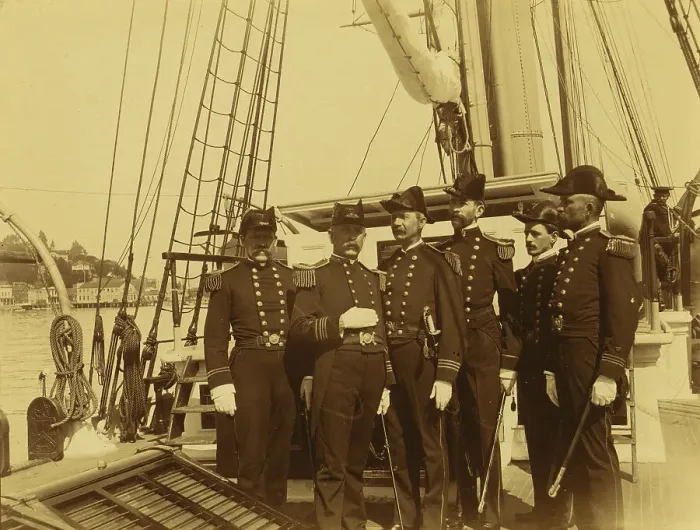 Framed Print : Six naval officers, full-length portrait, standing on deck of ship, 1894 or 1895. Creator: Alfred Lee Broadbent Framed Print : Six naval officers, full-length portrait, standing on deck of ship, 1894 or 1895. Creator: Alfred Lee Broadbent