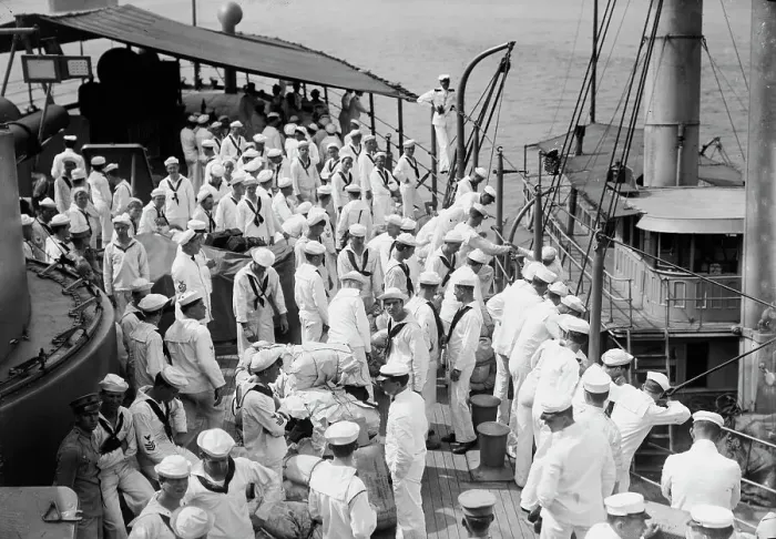 Framed Print : Naval Reserve leaving USS Seattle, between c1910 and c1915. Creator: Bain News Service Framed Print : Naval Reserve leaving USS Seattle, between c1910 and c1915. Creator: Bain News Service