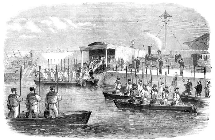 Framed Print : The Naval Review: the Queen and Royal Family embarking at Portsmouth - sketched by R. Landells, 1856 Creator: Unknown Framed Print : The Naval Review: the Queen and Royal Family embarking at Portsmouth - sketched by R. Landells, 1856 Creator: Unknown