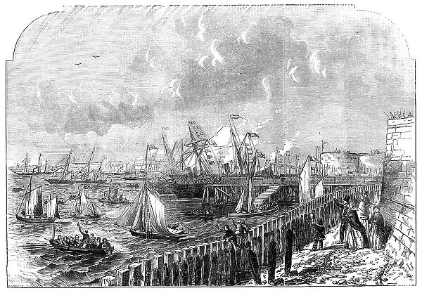 The Naval Review: the Queen's Yacht leaving Portsmouth Harbour, 1856. Creator: Ebenezer Landells