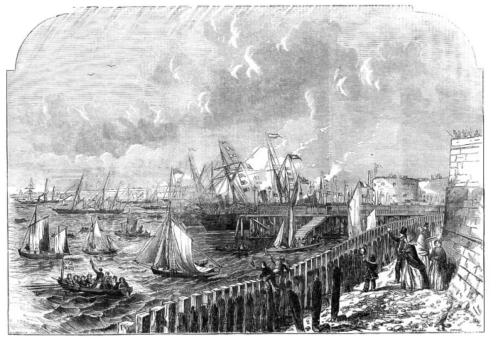 Framed Print : The Naval Review: the Queen's Yacht leaving Portsmouth Harbour, 1856. Creator: Ebenezer Landells Framed Print : The Naval Review: the Queen's Yacht leaving Portsmouth Harbour, 1856. Creator: Ebenezer Landells