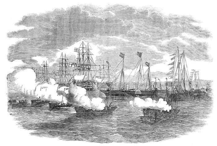 Framed Print : The Naval Review: the Signal for the Gun-Boat Attack, 1856. Creator: Ebenezer Landells Framed Print : The Naval Review: the Signal for the Gun-Boat Attack, 1856. Creator: Ebenezer Landells