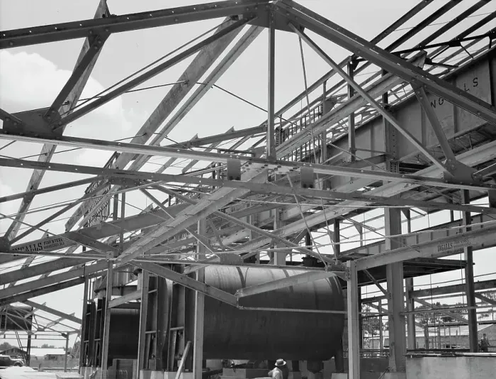 Framed Print : Naval stores processing plant under construction, Near Valdosta, Georgia, 1937. Creator: Dorothea Lange Framed Print : Naval stores processing plant under construction, Near Valdosta, Georgia, 1937. Creator: Dorothea Lange