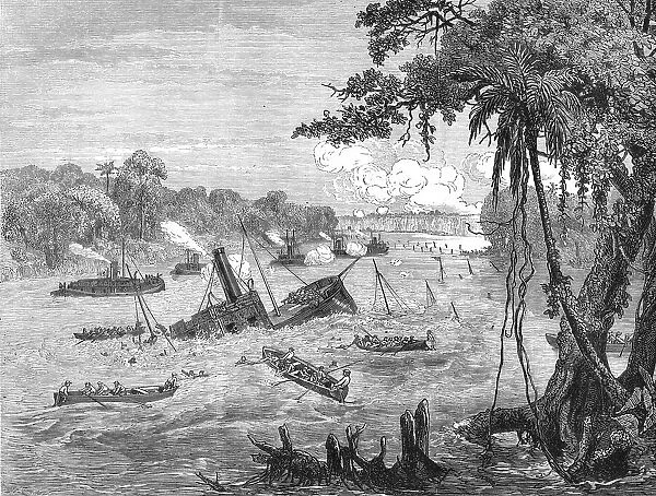 Naval Warfare in Paraguay, destruction of a Brazilian gunboat by a torpedo; A visit to... 1875. Creator: Unknown