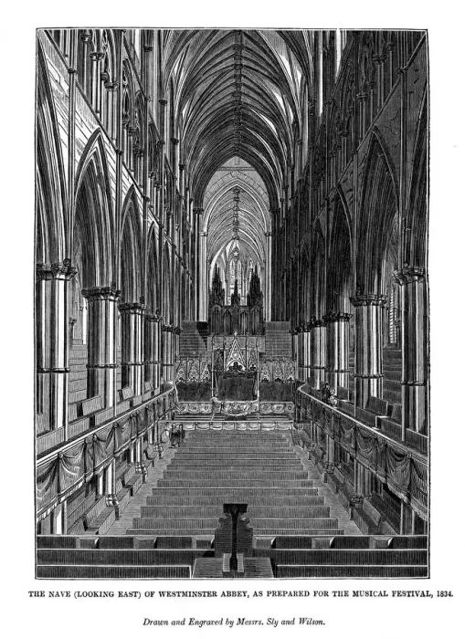 Framed Print : The nave (looking east) of Westminster Abbey, (1843). Artist: Messrs Sly and Wilson Framed Print : The nave (looking east) of Westminster Abbey, (1843). Artist: Messrs Sly and Wilson