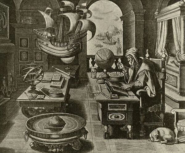 A Navigating Expert at Work in His Study with Globe and Compass, c1591, (1928)