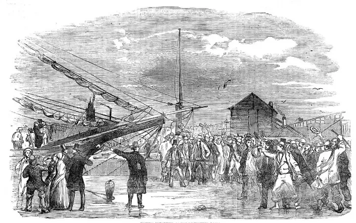Framed Print : Navvies embarking at the Birkenhead Docks, 1854. Creator: Unknown Framed Print : Navvies embarking at the Birkenhead Docks, 1854. Creator: Unknown
