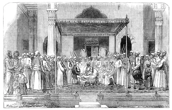 Framed Print : Nawab's Durbar and Reception of the English Resident at Morshedabad, 1857. Creator: Frederick John Skill Framed Print : Nawab's Durbar and Reception of the English Resident at Morshedabad, 1857. Creator: Frederick John Skill