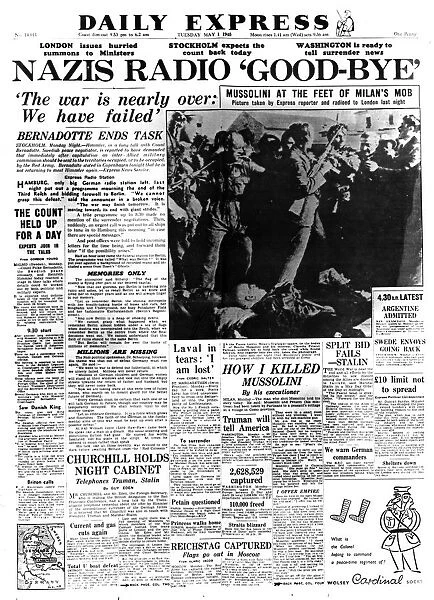 Nazis Radio Good-bye, front page of the Daily Express, 1 May 1945