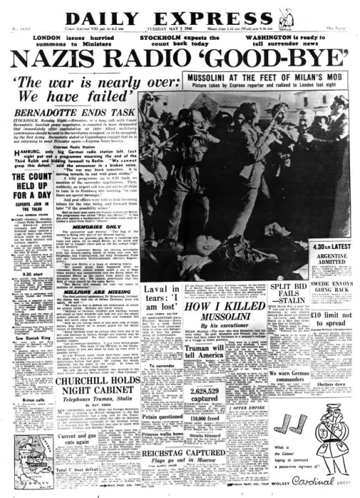Framed Print : Nazis Radio Good-bye, front page of the Daily Express, 1 May 1945 Framed Print : Nazis Radio Good-bye, front page of the Daily Express, 1 May 1945