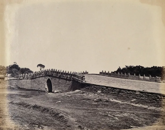 Framed Print : Near Beijing, China: a stone bridge (Palichiun Bridge ?): the site of a battle during the... 1860. Creator: Felice Beato Framed Print : Near Beijing, China: a stone bridge (Palichiun Bridge ?): the site of a battle during the... 1860. Creator: Felice Beato