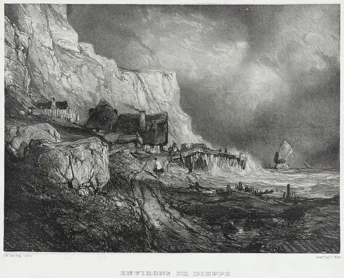 Framed Print : Near Dieppe, 1833. Creators: Thomas McLean, Eugene Isabey Framed Print : Near Dieppe, 1833. Creators: Thomas McLean, Eugene Isabey