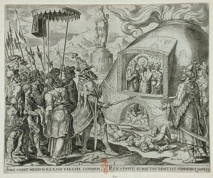 Framed Print : Nebuchadnezzar Seeing the Three Jews Unhurt in the Flames, 1565. Creators: Philip Galle, Nebuchadnezzar II Framed Print : Nebuchadnezzar Seeing the Three Jews Unhurt in the Flames, 1565. Creators: Philip Galle, Nebuchadnezzar II