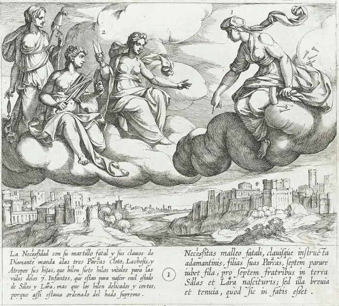 Framed Print : Necessity Commands Her Daughters, the Fates, to Weave Short and Frail Life Threads... 1612. Creator: Antonio Tempesta Framed Print : Necessity Commands Her Daughters, the Fates, to Weave Short and Frail Life Threads... 1612. Creator: Antonio Tempesta