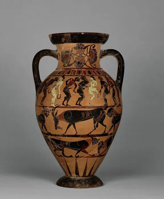 Framed Print : Neck amphora with (A) nude men and women, and (B) man and woman between sphinxes, 565-550 BC. Creator: Timiades Painter Framed Print : Neck amphora with (A) nude men and women, and (B) man and woman between sphinxes, 565-550 BC. Creator: Timiades Painter