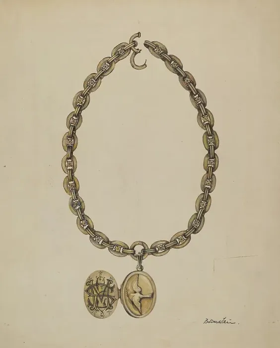 Framed Print : Necklace and Locket, c. 1937. Creator: Molly Bodenstein Framed Print : Necklace and Locket, c. 1937. Creator: Molly Bodenstein