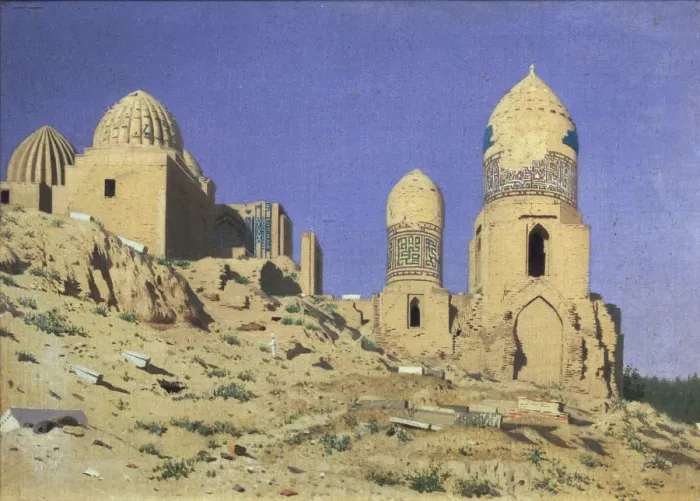 Framed Print : Necropolis Shah-i-Zinda (The Living King) in Samarkand, 1869-1870. Artist: Vereshchagin, Vasili Vasilyevich (1842-1904) Framed Print : Necropolis Shah-i-Zinda (The Living King) in Samarkand, 1869-1870. Artist: Vereshchagin, Vasili Vasilyevich (1842-1904)