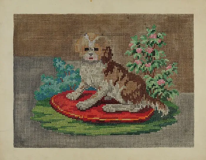 Framed Print : Needlepoint Dog, c. 1936. Creator: Evelyn Bailey Framed Print : Needlepoint Dog, c. 1936. Creator: Evelyn Bailey