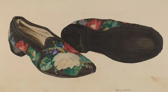 Framed Print : Needlepoint Slippers, c. 1940. Creator: LeRoy Griffith Framed Print : Needlepoint Slippers, c. 1940. Creator: LeRoy Griffith