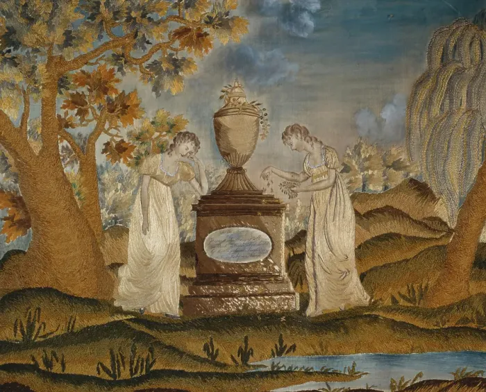 Framed Print : Needlework Mourning Picture, about 1790. Creator: Rebecca Bell Framed Print : Needlework Mourning Picture, about 1790. Creator: Rebecca Bell