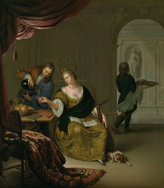The Neglected Lute (A Lady with a Lute Taking Wine in a Rich Interior), 1705. Creator: Mieris
