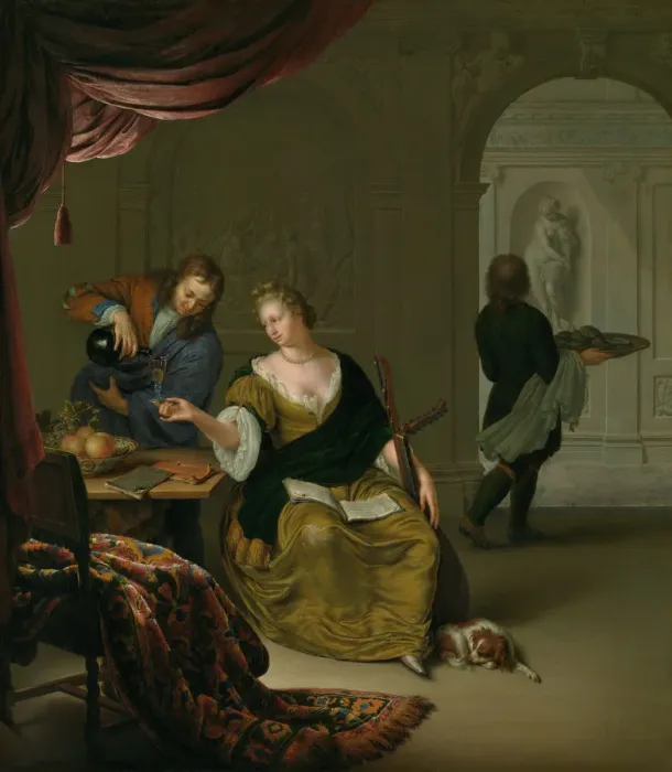 Framed Print : The Neglected Lute (A Lady with a Lute Taking Wine in a Rich Interior), 1705. Creator: Mieris Framed Print : The Neglected Lute (A Lady with a Lute Taking Wine in a Rich Interior), 1705. Creator: Mieris