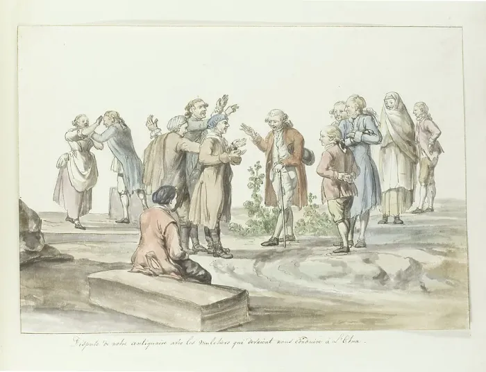Framed Print : Negotiation between the guide of travel group and mule drivers for journey to Etna, 1778. Creator: Louis Ducros Framed Print : Negotiation between the guide of travel group and mule drivers for journey to Etna, 1778. Creator: Louis Ducros
