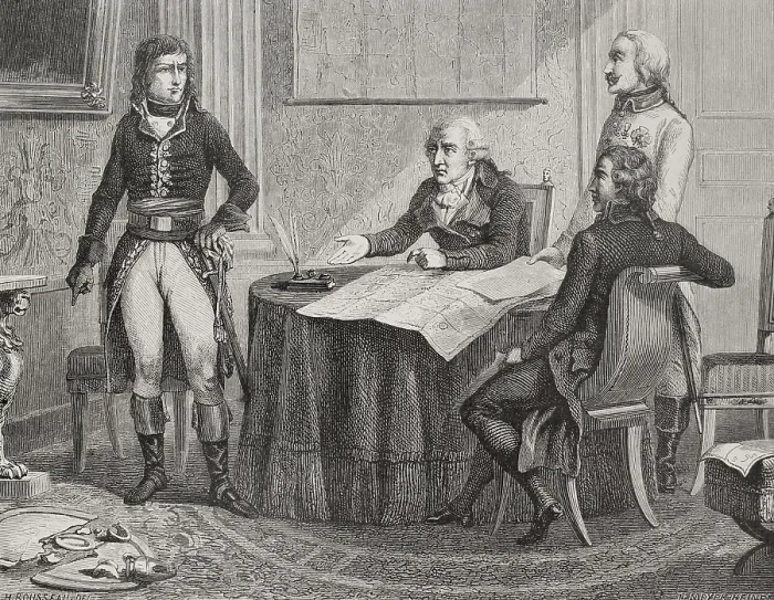 Framed Print : Negotiations between Count Cobenzl and Napoleon Bonaparte, Treaty of Campo Formio...1879. Creator: Unknown