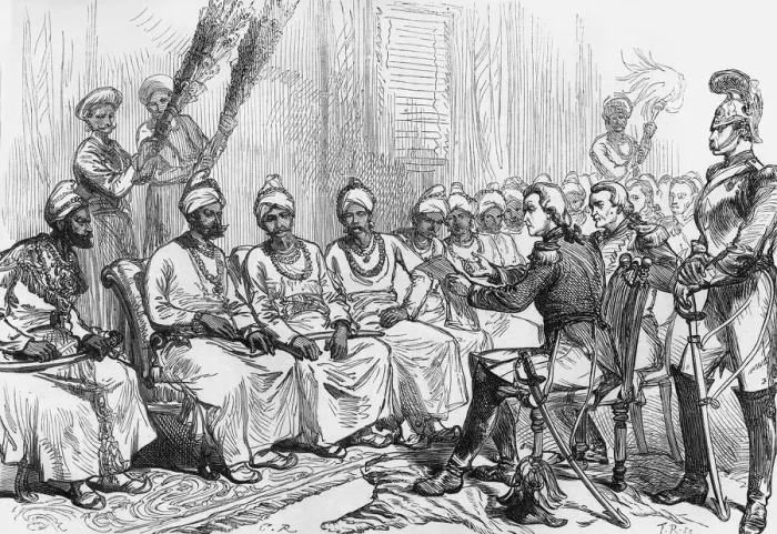 Framed Print : Negotiations for Peace: Meeting of the British and Burmese Commissioners, c1891. Creator: James Grant Framed Print : Negotiations for Peace: Meeting of the British and Burmese Commissioners, c1891. Creator: James Grant