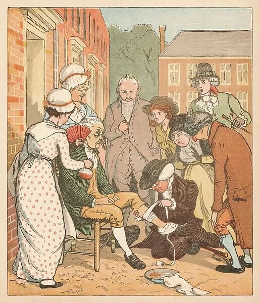 Neighbours dressing the good man of Islingtons bite, c1879. Creator: Randolph Caldecott