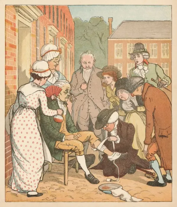 Framed Print : Neighbours dressing the good man of Islingtons bite, c1879. Creator: Randolph Caldecott Framed Print : Neighbours dressing the good man of Islingtons bite, c1879. Creator: Randolph Caldecott